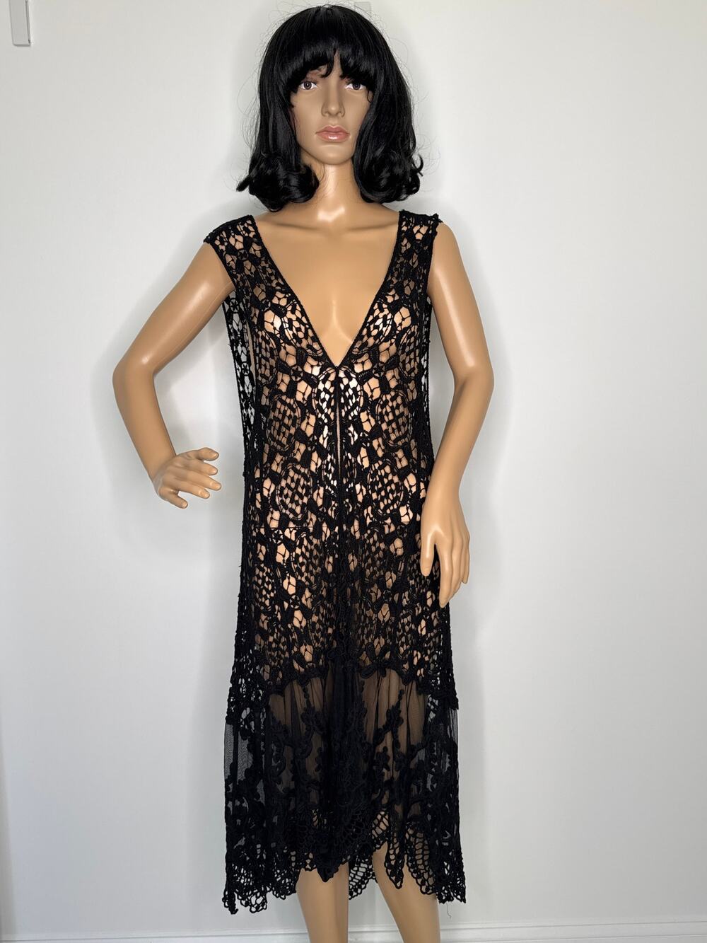 Crochet and lace sleeveless duster black origami by Vivien cardigan medium large